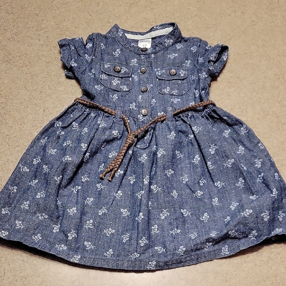Carter's Floral Blue Dress With Belt And Matching Diaper Cover SIZE 12 Months
